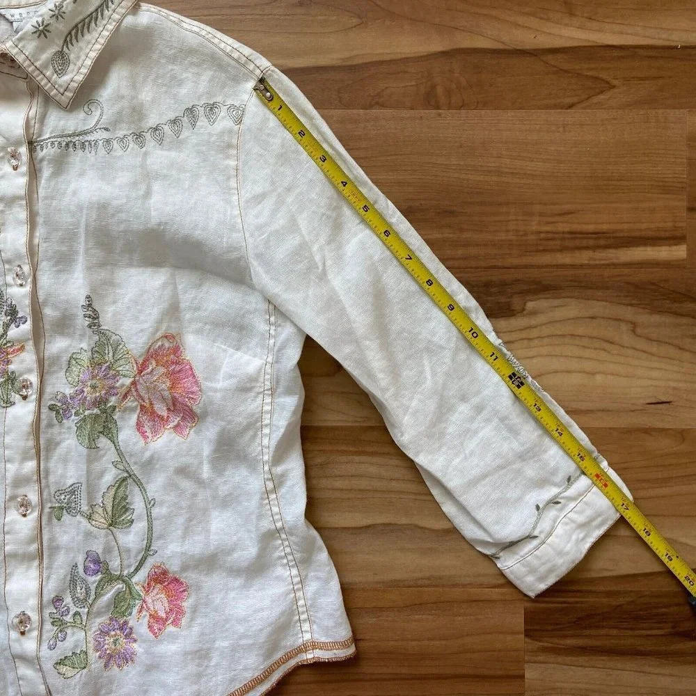 Tweeds Women Linen Embroidered Button Front Shirt Size: S Cottagecore Boho - Picture 7 of 9